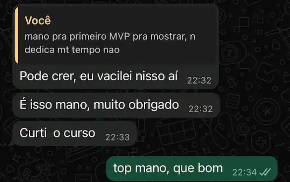 Conversa de aluno agradecendo e dizendo que curtiu o curso