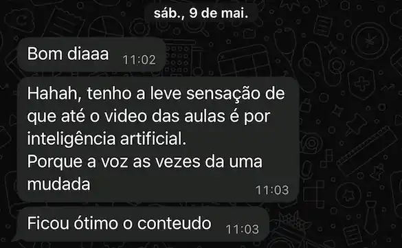 Mensagem de aluno: ficou ótimo o conteúdo