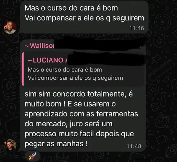 Conversa de alunos dizendo que o curso é bom e vai compensar