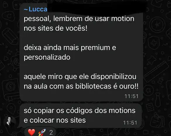 Aluno recomenda usar motion nos sites para deixar mais premium